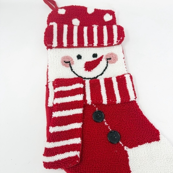 CREWEL KNIT Snowman CHRISTMAS STOCKING Stripes Red White Buttons 19” Long Decor - Picture 4 of 4